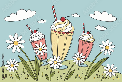Illustration of three milkshakes with whipped cream and cherries in a field of daisies and clouds above