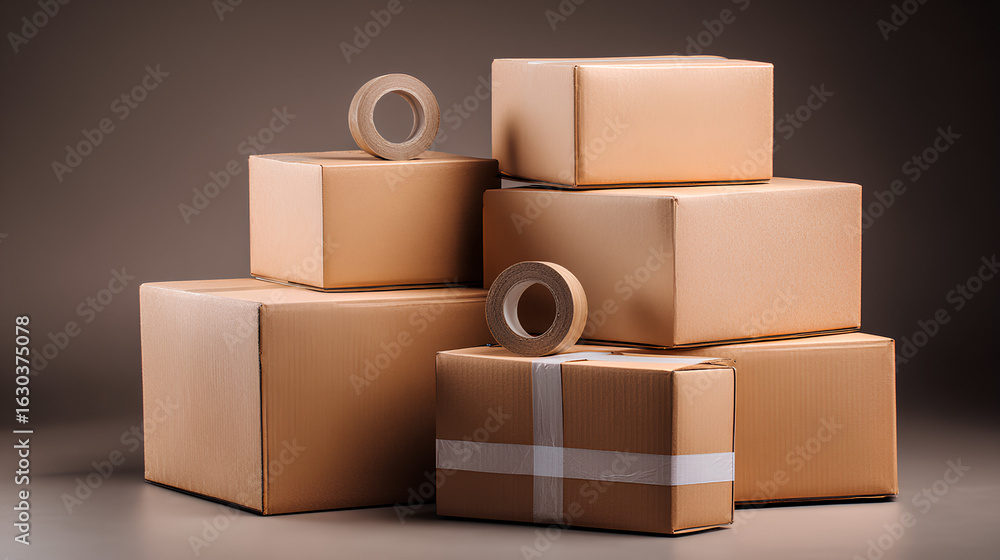 Obraz premium Stacked Cardboard Boxes with Tape Delivery or Storage in Studio Setting