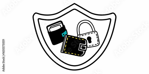 Secure wallet and padlock protection for financial safety and security against theft and fraud risk crypto vector line icon on transparent background