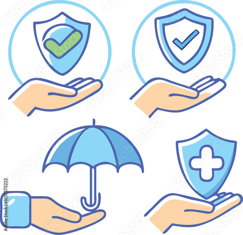 Hands presenting shields, each containing unique emblems with protection assured, all against a transparent backdrop
