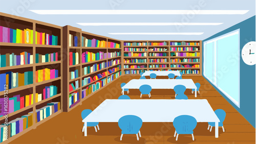 Bright, colorful library interior; cheerful study space with multiple tables and chairs; abundant bookshelves filled with diverse books; large window; modern, minimalist style.