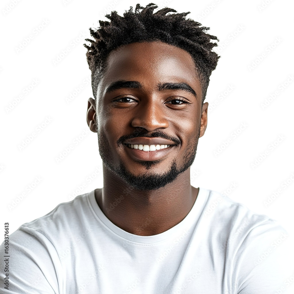 Obraz premium Front view close up of an extremely beautiful young man from Gabon in a white t-shirt smiling isolated on a white transparent background.
