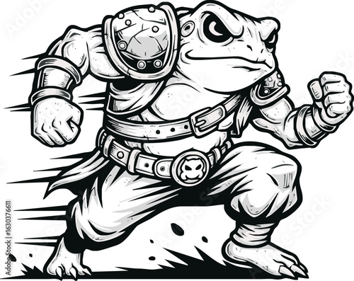 A fierce anthropomorphic toad warrior in armor and a belt, running forward in a dynamic, aggressive pose.
