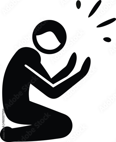 Black silhouette of a person kneeling with hands raised in a gesture of prayer or supplication on a white background