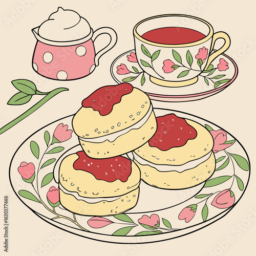 A charming tea time scene featuring scones with jam, a teacup, and a polka dot cream pitcher design