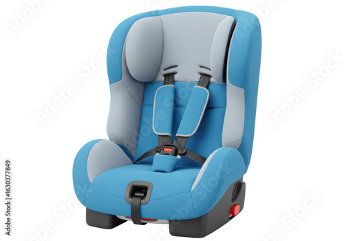 Isolated Blue and Grey Child Car Seat with Safety Harness for Infants and Toddlers