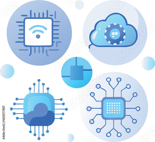 Light blue icons display cloud technology and computer chips with transparent backgrounds