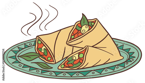 Illustration of three spring rolls on a decorative plate with steam rising from the food item here