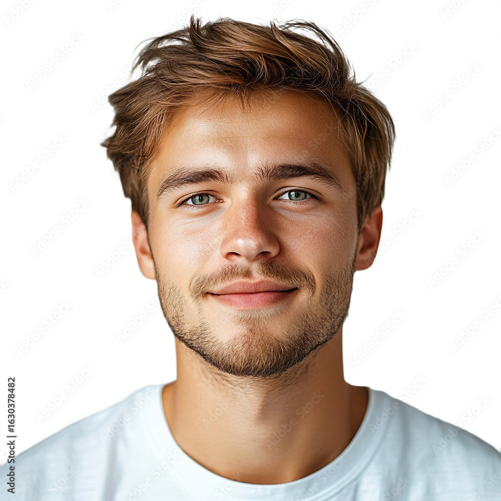 Obraz premium Front view close up of an extremely beautiful young man from Lithuania in a white t-shirt smiling isolated on a white transparent background.