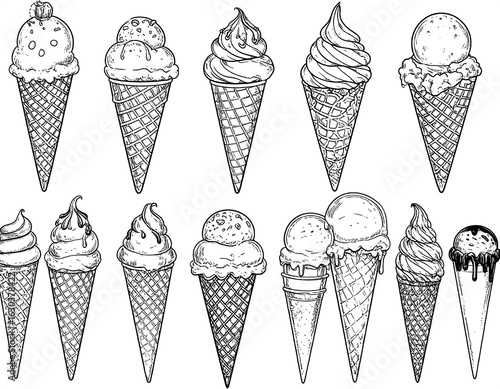 Hand-drawn Ice Cream Cones: A Sweet Collection of Delicious Frozen Desserts Illustration
