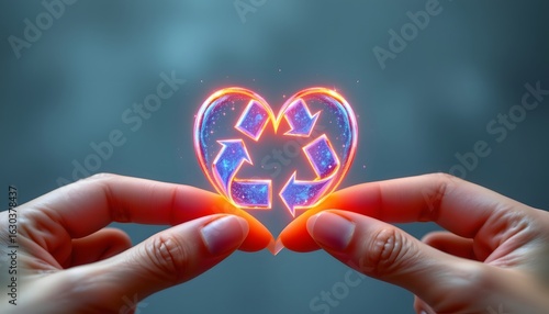 Wallpaper Mural elegant fingers forming a heart shape around a holographic recycle symbol, cool toned background. Torontodigital.ca