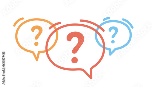 Three line colorful speech bubble icons with question marks. Concept of asking frequent questions or communication. FAQ and solution. Vector flat illustration