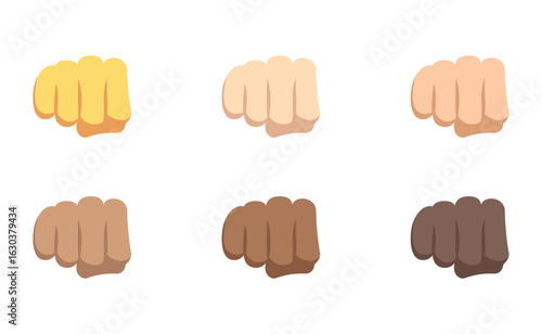 Diverse skin tones showing clenched fist emojis in a grid pattern on a plain white background
