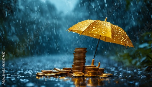 Wallpaper Mural a small yellow umbrella shields a stack of gold coins from a heavy downpour, symbolizing financial security and protection against risk. Torontodigital.ca