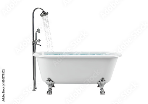 Bild auf Leinwand Isolated White Bathtub with Running Shower and Bubbles