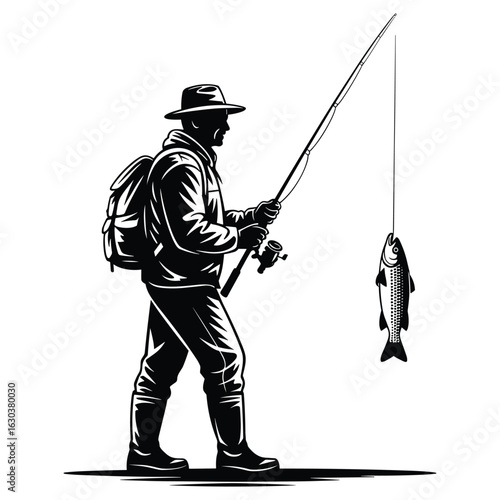 Illustration of fisherman with caught fish isolated on white