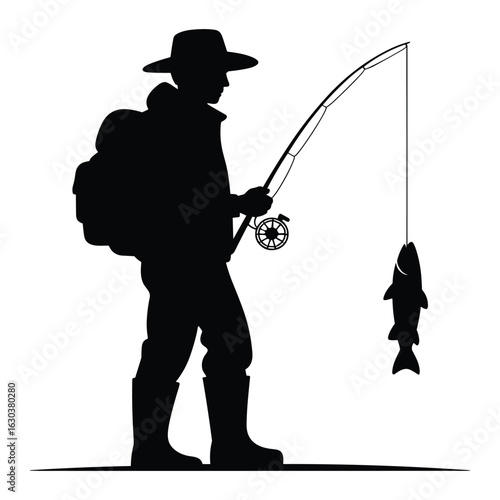 Illustration of fisherman with caught fish isolated on white