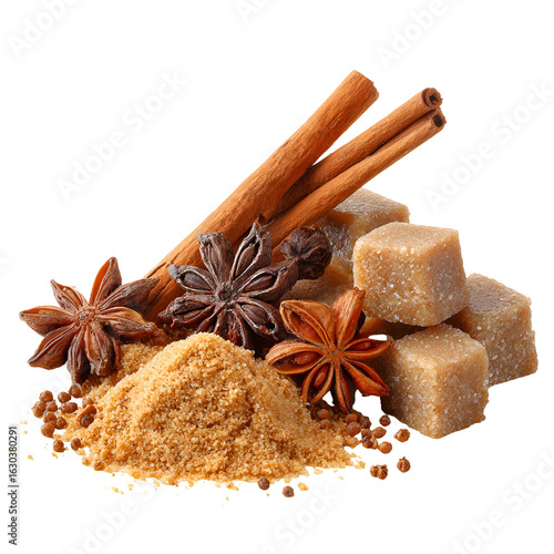 Aromatic spices and brown sugar cubes isolated on transparent background
