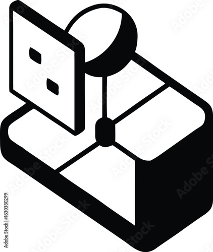Isometric usb flash drive icon with data ball storage black and white design