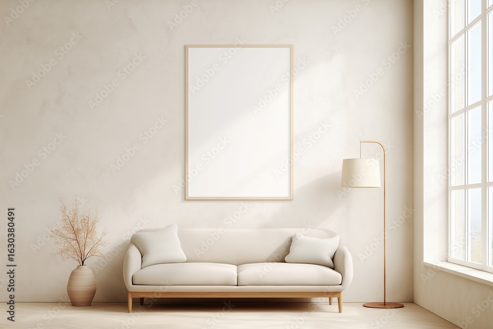 Fototapeta premium Blank poster mockup on clean wall in bright minimalist living room with sofa and lamp