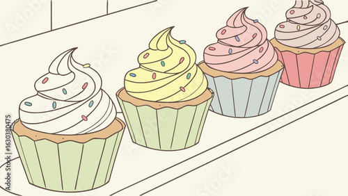 Illustration showing a conveyor belt with four cupcakes decorated with frosting and sprinkles lined up