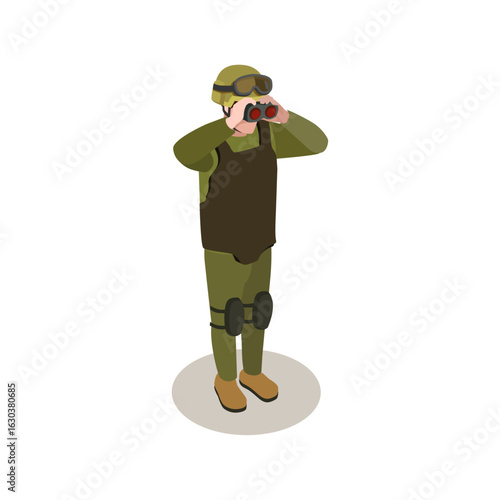 Military soldier on reconnaissance with binoculars vector illustration.
