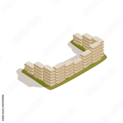 Isometric sandbag fortification wall vector illustration design