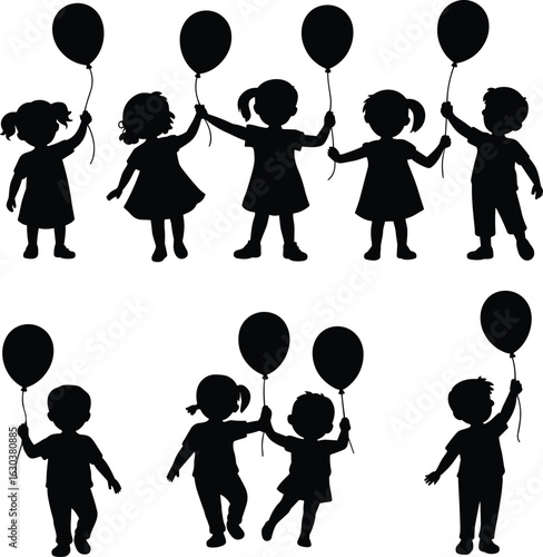 Eight silhouettes of children holding balloons girl