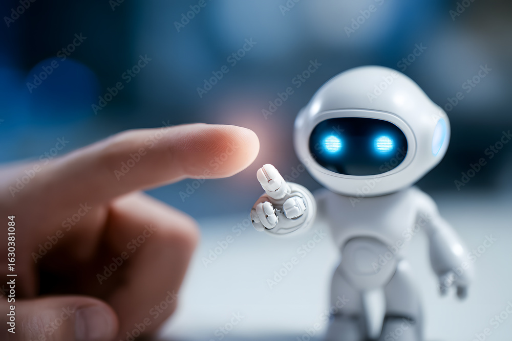 Fototapeta premium Human finger extends to a small futuristic robot, symbolizing the profound connection between artificial intelligence and human interaction