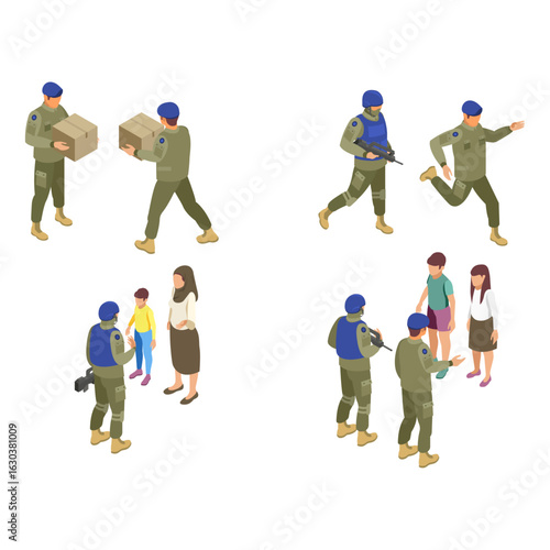 Isometric peacekeeper soldiers on mission vector illustration set