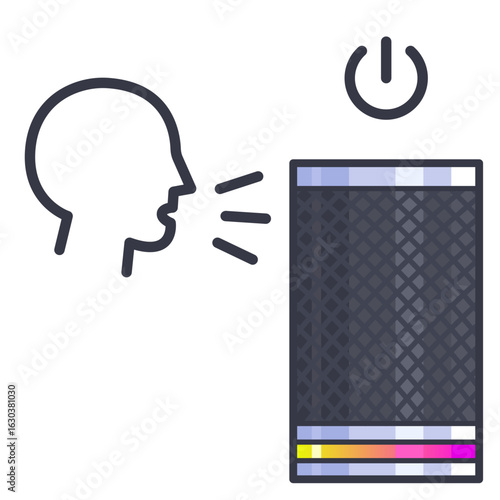 Smart speaker playing music. Flat vector illustration of a smart speaker playing music. Voice-controlled wireless device with colorful LED lights, modern digital assistant concept.