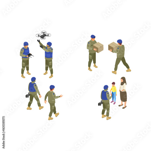 Vector collection of military peacekeepers with drone and civilians.