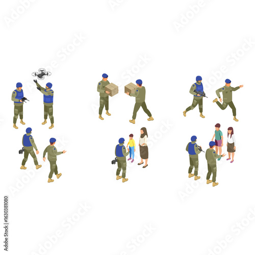 Peacekeeper soldier interaction with civilians isometric vector set