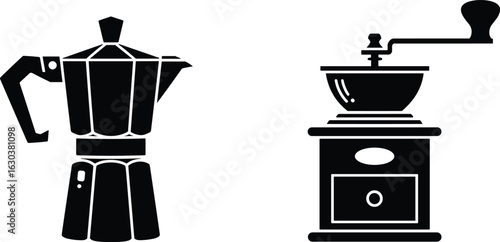 Italian Moka Pot and Coffee Grinder Icons italian coffee