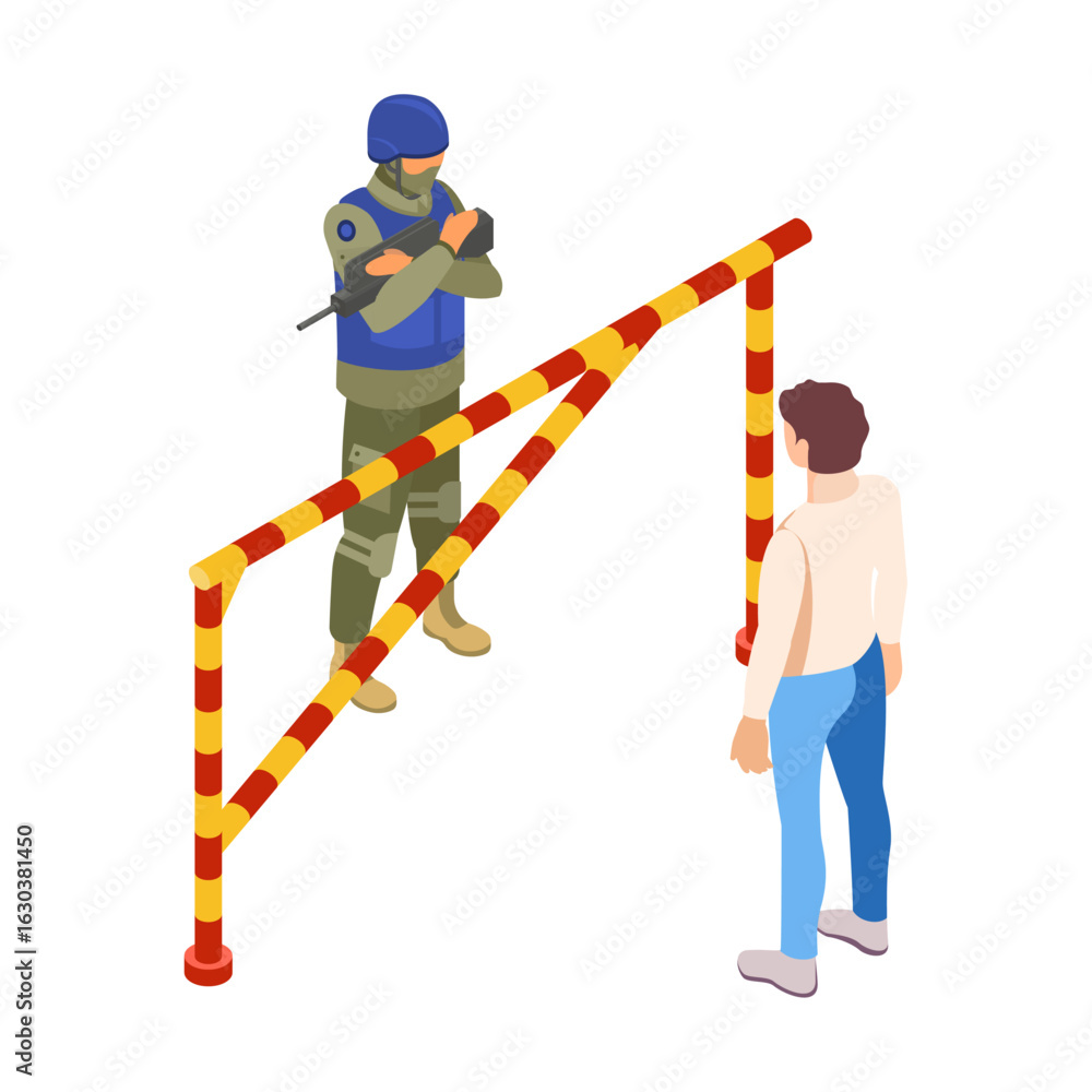 Obraz premium Armed soldier at a security checkpoint barrier vector illustration.