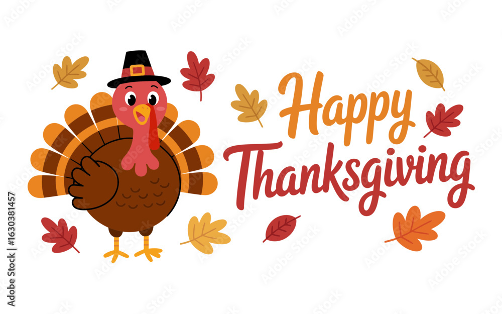 Fototapeta premium Festive turkey and autumn leaves with happy thanksgiving text vector