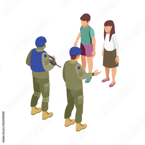 Isometric vector of armed soldiers in discussion with civilians.