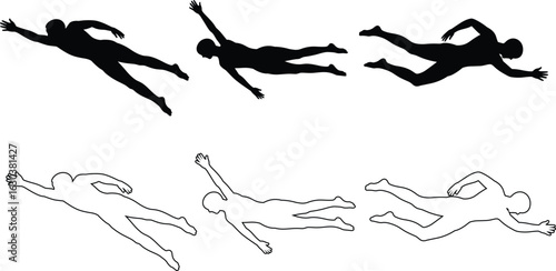 Silhouettes and outlines of a person swimming or flying