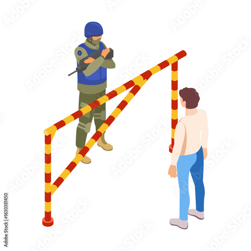 Armed soldier at a security checkpoint barrier vector illustration.