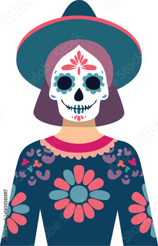 A woman wears a traditional Day of the Dead costume with flowers

