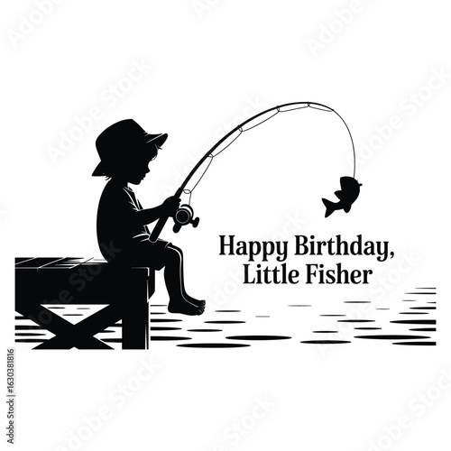 Illustration of happy birthday little fisher silhouette