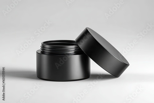 Matte black cosmetic jar, open lid, studio shot
