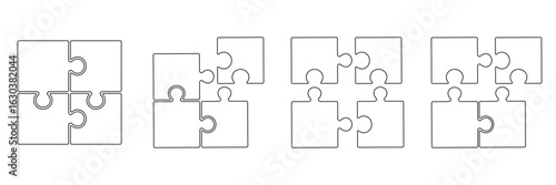 Monochrome Jigsaw Puzzle Icon Set – Connected Black Puzzle Pieces Vector Illustration on White Background