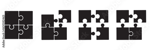 Monochrome Jigsaw Puzzle Icon Set – Connected Black Puzzle Pieces Vector Illustration on White Background