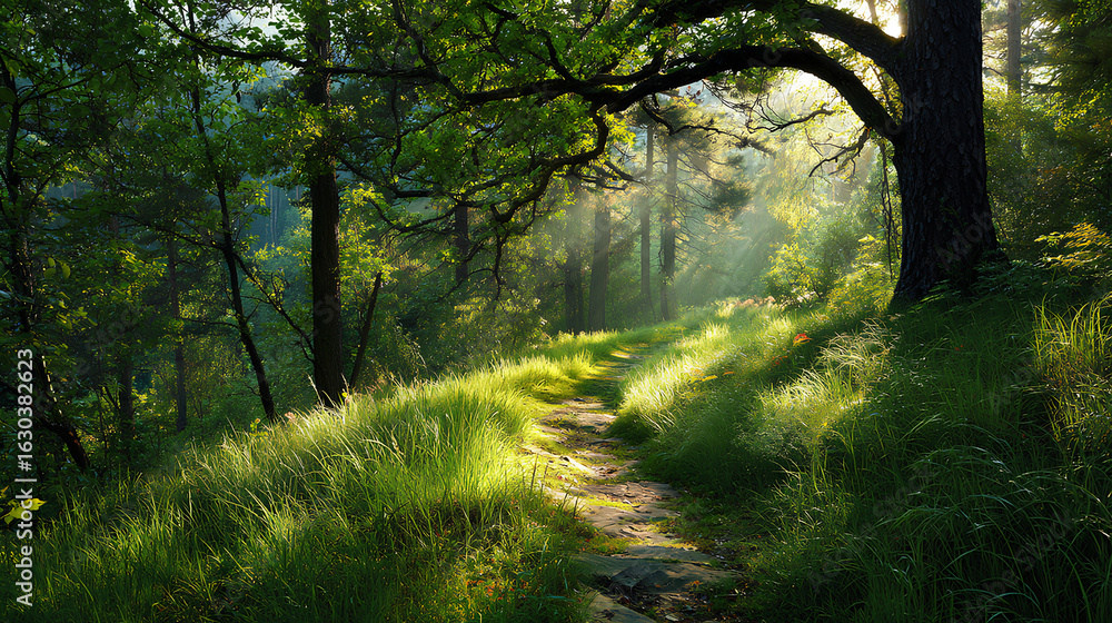 Fototapeta premium Sunlit Forest Path: Green Grass and Sunlight Beams