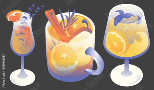 Flat vector illustration of three different drinks served in glasses. Colorful, minimalistic design with clean lines and simple shapes. Perfect for use in restaurant menus, cafe branding, summer-theme
