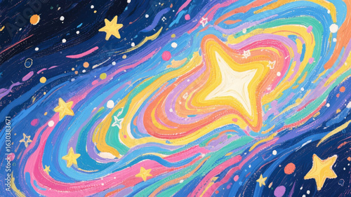 Vibrant Cosmic Star with Swirling Rainbow Trails in a Starry Night Sky