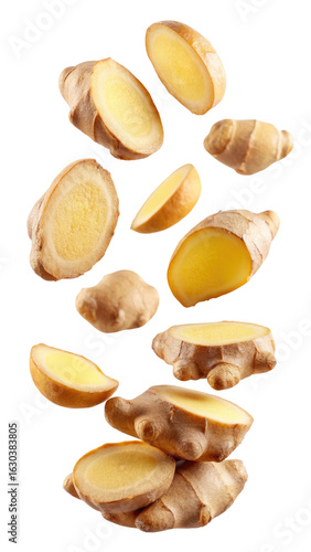 flying ginger and half slices isolated on transparent white background, clipping path