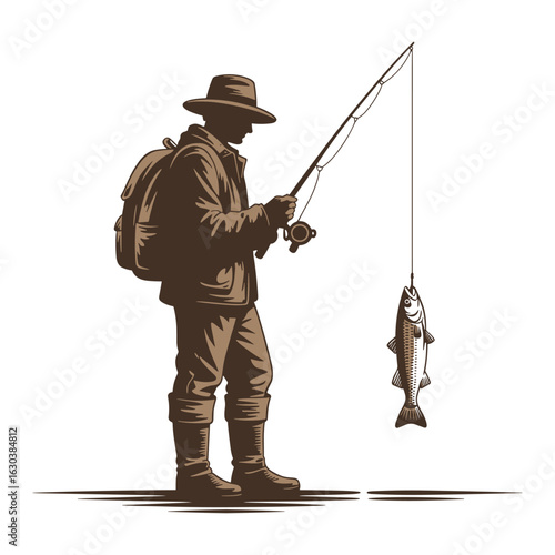 Illustration of fisherman with caught fish isolated on white
