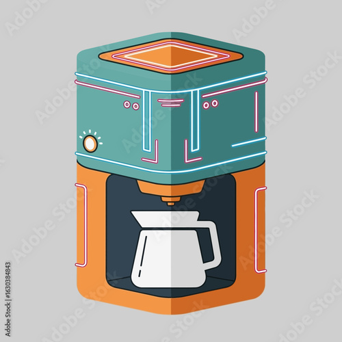 Modern coffee maker with carafe on gray background.